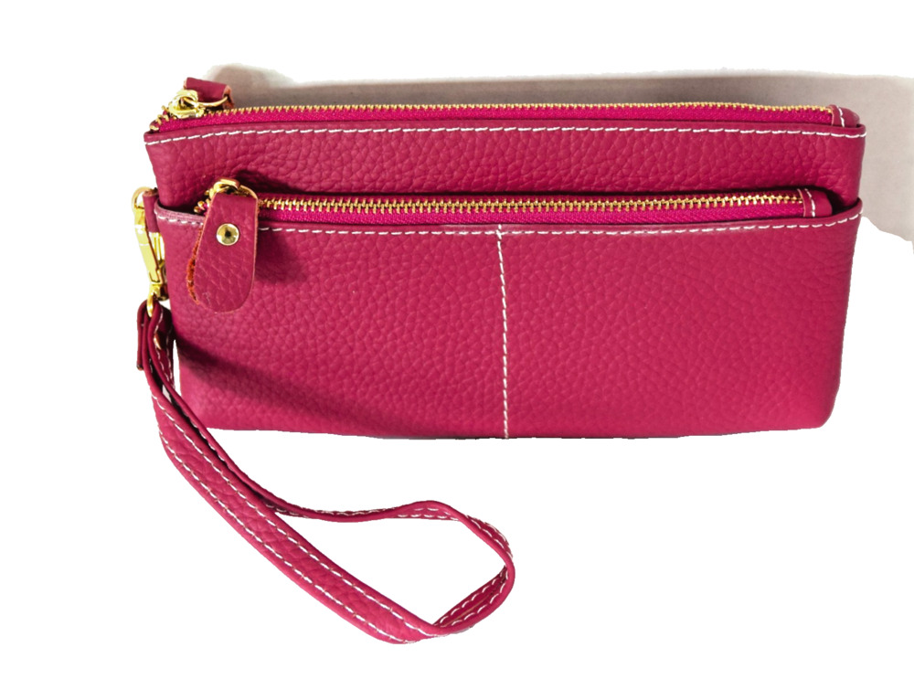 Fushia Pink Pebbled Leather Wallet Pouch Wristet ith Zippers and CC Holder